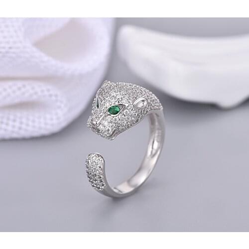 CANZE Women Trend Open Adjustable Ring Plating Platinum Leopard Head Inlaid Zircon Ring Jewelry