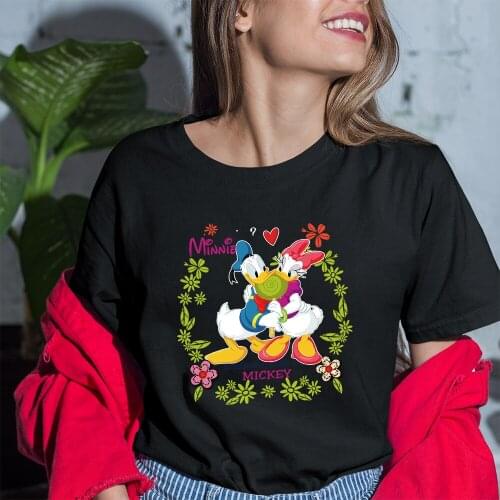 Donald Duck Pattern Women T-shirt Disney Summer New Product Harajuku Kawaii Black White Tees Fashion Outdoor Dropship Round Neck