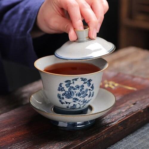 Retro Chinese Tea Cups Ceramic Gaiwan Tea Cup and Tea Lid Set Handmade Kung Fu Sancai Tea Bowl Drinkware
