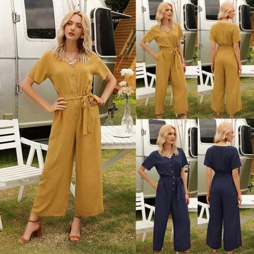 Summer Ladies Short Sleeve Solid Jumpsuits V-neck High Waist Sashes Women Casual Button Wide Leg Rompers Female Playsuits