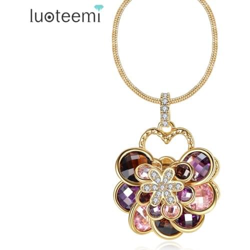 LUOTEEMI New Luxurious Big Flower Pendant Necklace Champagne Gold-Color Multicolor Zircon Bijoux for Women Wedding Jewelry Gift