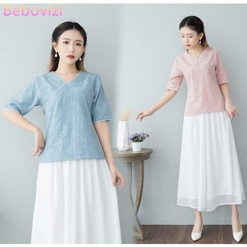 M-3XL Plus Size Retro Blue Pink Cotton Linen Summer Han Fu Traditional Chinese Clothing for Women Hanfu Tops Blouse Costume