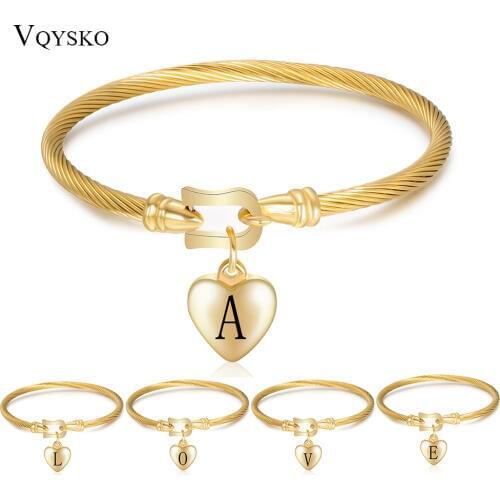 Fashion Stainless Steel Letter Bracelet Bangles for Women Twisted Cable Wire Heart Charm Bangle Jewelry Armbanden Voor Vrouwen