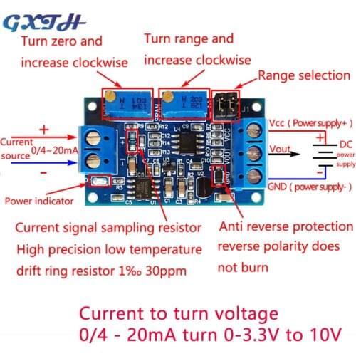 Current To Voltage Module 0-20mA/4-20mA to 0-3.3V 5V 10V Voltage Transmitter Signal Converter Module