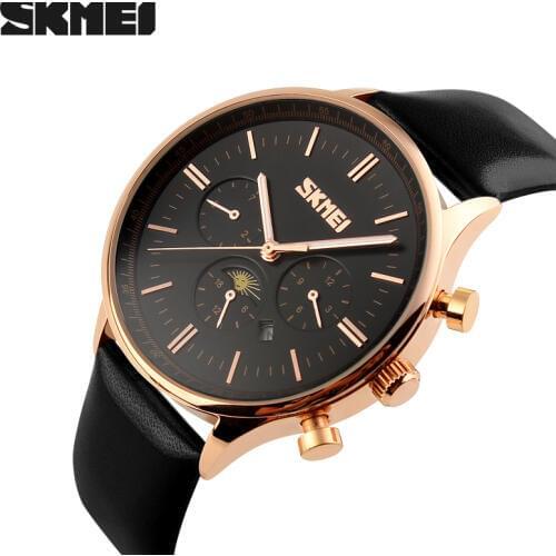 Brand New Mans Quartz Watch Moon Phase fashion analog waterproof Business men Wristwatch Leather watches SKMEI 9117