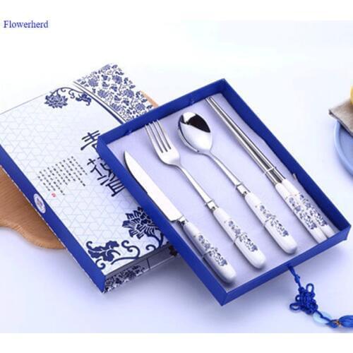 New Chinese Style Blue and White Porcelain Tableware Set Knife Fork Spoon Chopsticks Four-piece Business Gift Ceramic Handle