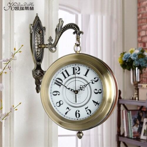 European style wrought iron leather living room double-sided wall clock American creative fashion silent clock interior decorati