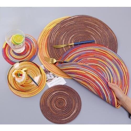 Rainbow Color Placemat Bowl Satin Dyed Ramie Cotton Yarn Woven Cup Pad Round Plate Mat Individual Mantle Dining Coaster Set