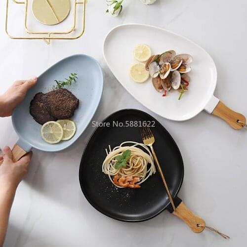 Simple Dinner Plate with Wood Handle Home Ceramic Tableware Western Food Plate Steak Dessert Plate Ramen Tray Dinner Plate