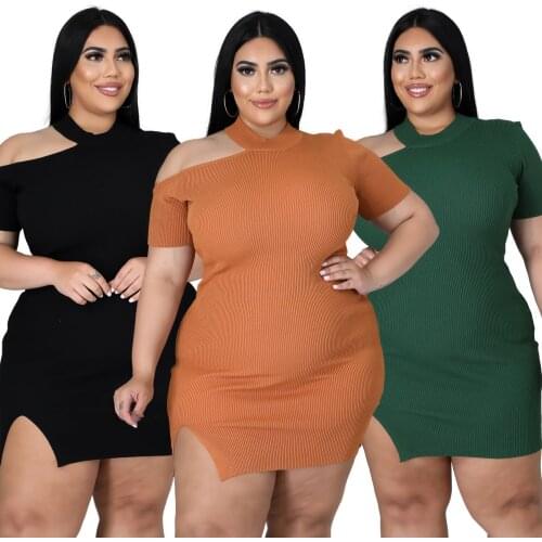 Sexy Knitted Ottoman Dress For Women 2021 Autumn O-neck Hollow Out Bodycon Ladys Pure Color Slit Mini Dresses New Arrivals