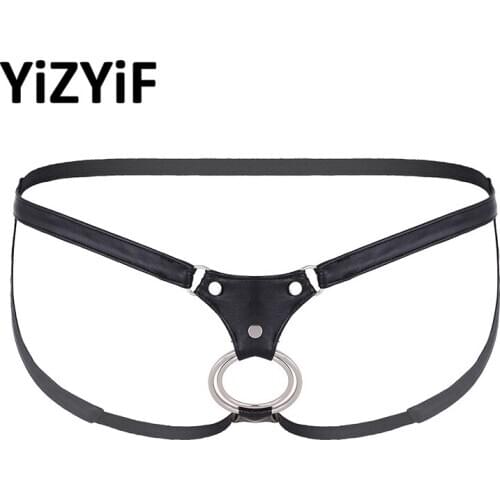 Sexy Mens Bikini Swimwear Thong Open Back and Hollow Out Jockstrap Low Rise Bikini G-string Underwear with Metal Rings