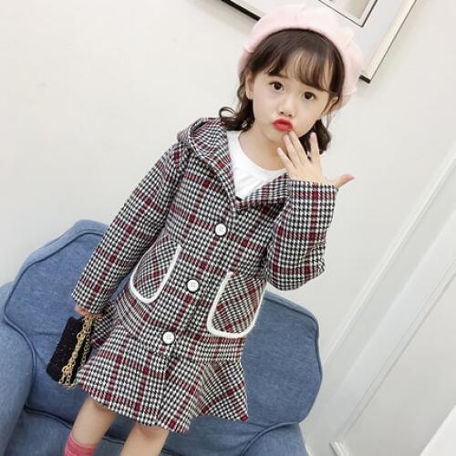 Girls Woolen Jacket Outerwear Spring Fall Childrens Woollen Overcoat Medium-Length Kids Plaid Ruffles Hooded Coat 3-13Y P188