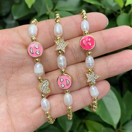 Girls chain cultured charm acrylic simple pink cute smiley freshwater pearl bracelet women