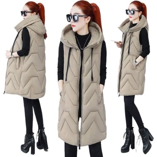 2021 Autumn Winter Fashion Vest Coat Womens Korean Large Size Warm Vests Elegant Hooded Long Ladies Cotton Vest Gilet