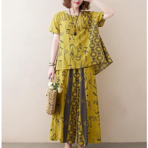 Summer Sets 2021 New Print Floral Thin Soft Cotton Fashion Women Clothes Set Loose Tops Wide Leg Pants 2 Two Piece Casual Set