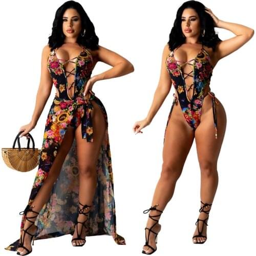 2021 New Printed Hollow out One piece swimsuit with wrap skirts sexy women 2PCS/SET swimwear cover-ups set