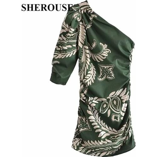 SHEROUSE Vintage Women Printed Fashion Asymmetric Dress One Shoulder Half Sleeve Chic Lady Woman Draped Mini Short Dresses