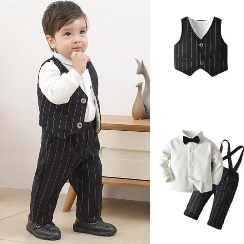 Winter Baby Boys Clothing Set Long Sleeved Gentlemans Jacket Striped Waistcoat+Pants+White Shirt 3pcs Set
