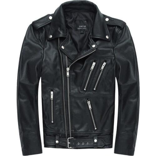 Free Shipping Factory Mens Black Genuine Leather Coats Slim Fitting Motorcycle Leather Jackets Mens Short Biker Outwear