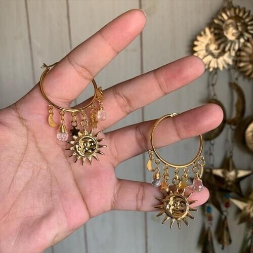 Crystal Hoop Earrings Hanging Earrings with Sun Moon and Stars Charm Celestial Gift