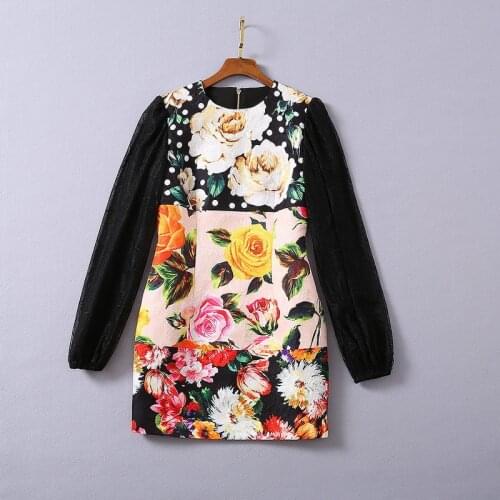 And American womens European wear 2021 winter new style Lace long - sleeved round neck flower print jacquard Fashionable dress