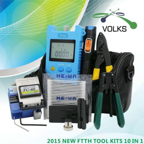 10 In 1 Fiber Optic FTTH Tool Kit with FC-6S Fiber Cleaver and Optical Power Meter 5km Visual Fault Locator Wire stripper
