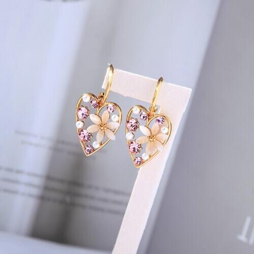 2021 New Designs Heart Drop Earrings Delicate Crystal Imitation Pearl Brass Opal Flower Earring For Women Jewelry