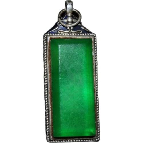 China old Tibetan silver inlaid green jade pendant