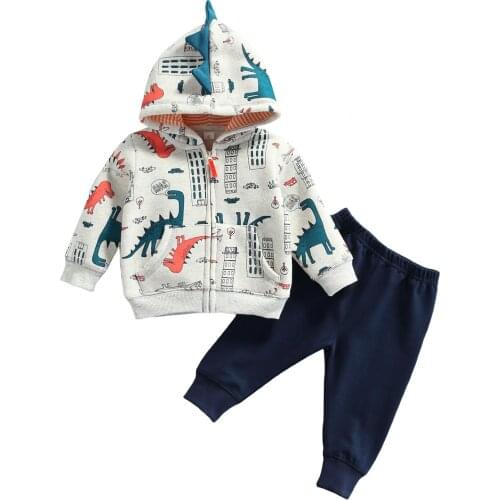 2021 Baby Boys Two-piece Clothes Set, Dinosaur Printed Pattern Hooded Jacket and Solid Color Pants