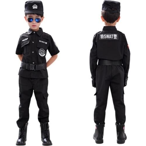 Cosplay Costumes for Children Black Special Force Policemen Officer Uniform Military Uniform Tactical Jacket for Kids Boys