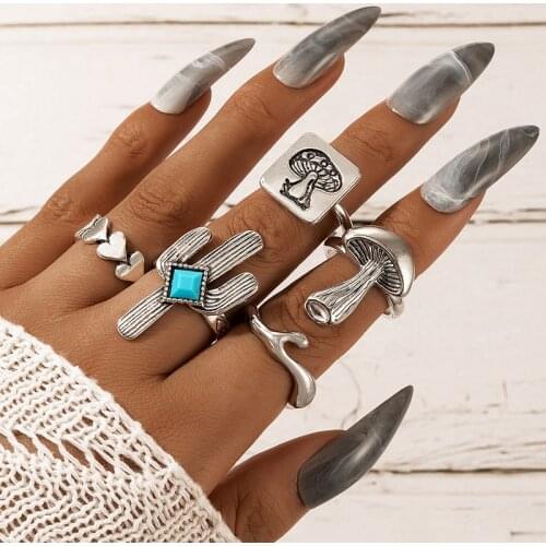 Tocona Punk 5pcs/sets Mushroom Joint Ring Sets for Women Men Cactus Heart Alloy Metal Cute Ring Jewelry Accessories кольца 19672