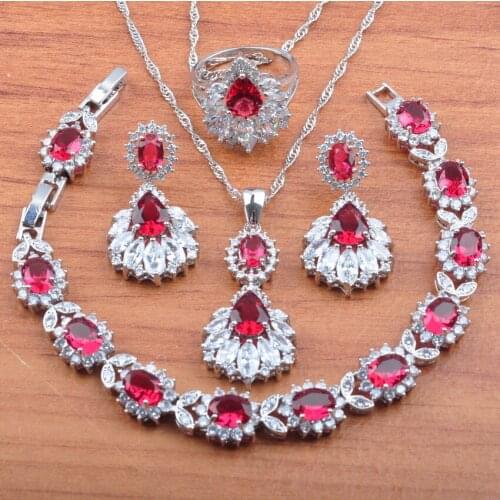 Luxury Rose Red CrystalSilver Color Jewelry Set For Women Wedding Earrings Necklace Pendant Rings Bracelet Set JS0477