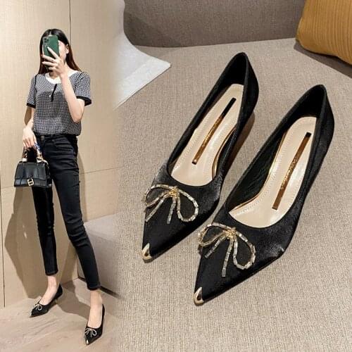 Chic Metalic bow-knot pumps woman mary janes silk party talons metal pointed toe thin med-high heels shoes women big size 34-43