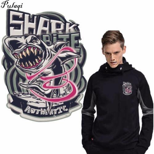 Pulaqi Fine Shark Heat Transfer Patches for Clothing Punk Animal Stickers Diy Cartoon Appliques Thermal Transfer Parches H