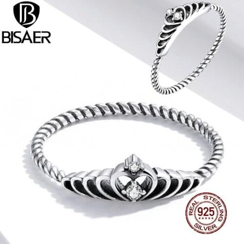 BISAER Vintage Crown Rings 925 Sterling Silver Statement Finger Rings For Female Wedding Engagement Jewelry 2020 ECR663
