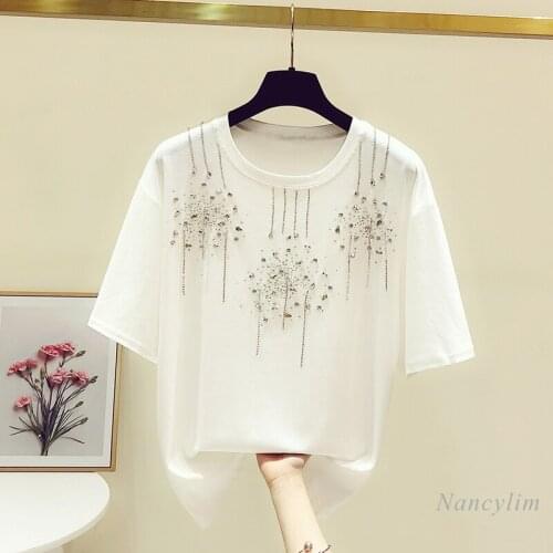 Embroidery Hot Drilling Tassel Round Neck T-shirt Womens Short Sleeve Loose Solid Color Tops White Pink Spring Summer 2021
