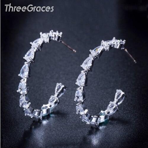 Threegraces Shiny Cubic Zirconia Silver Color Big Water Drop Hoop Earrings for Women Fashion Evening Party Prom Jewelry ER109