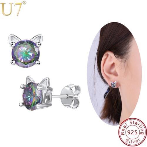U7 Authentic 925 Sterling Silver Cat Stud Earrings Party Wedding Daily Jewelry Gift For Women Cubic Zirconia Crystal Earrings