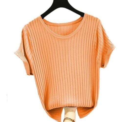 Women Kintted Short Sleeve T-shirts Solid Color Lady Clothes Women Summer Candy Color Cothes T-shirt Female Tops Clothing P3 090