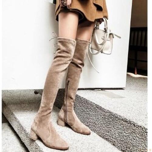 Winter Nude Color Thigh High Boots zlah Women Fashion Sexy Stretch Boots Women Suede Square Toe Thick Heel Over The Knee Boots