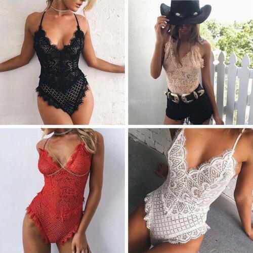 Womens Sexy Deep V Neck Eyelash Lace Bodysuit Lingerie