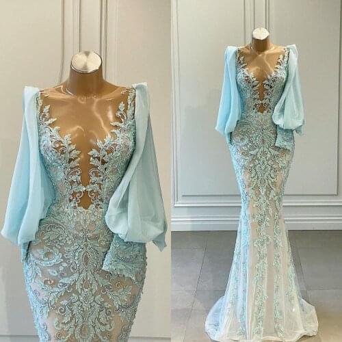 2021 Light Blue Formal Dresses Evening Party Jewel Neck Long Sleeve Mermaid Prom Dress Illusion Custom Made Vestidos De Fiesta