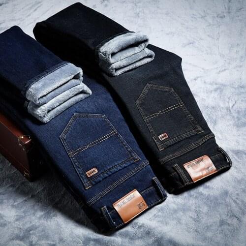 2021 Autumn Winter Fleece Thick Warm Brand Stretch Jeans Classic Pocket Youth Mens Fitted Slim Straight Denim Jeans Blue Black