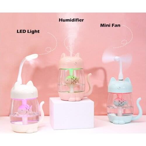 3 in 1 350ML USB Cat Air Humidifier Ultrasonic Cool Mist Cute Mini Humidifier With LED Light Mini USB Fan for Home office Car