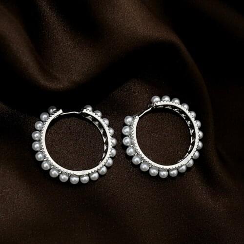 AAA+ Quality S925 Silver Post Fashion Full Micro Pave Top Zircon Pearl Circle Hoop Earrings For Women