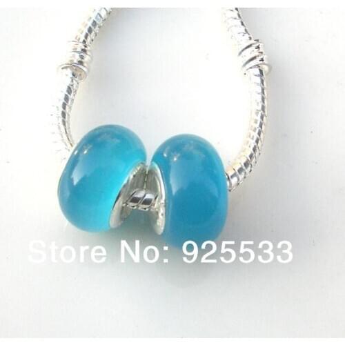 Free Shipping 50pcs 8x14mm silver plated core Big Hole cat eye lake blue Glass Beads fit European Jewelry Bracelet Charms DIY