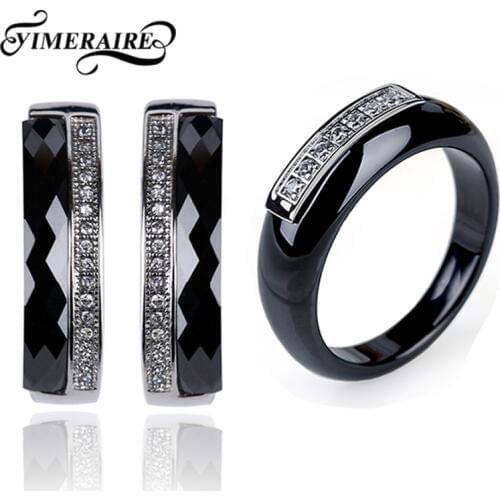 Elegant Black Ceramic Rings Women CZ Stone U Shaped Earrings Classic Fashion Jewelry Set Top Quality Healthy Material For Lady