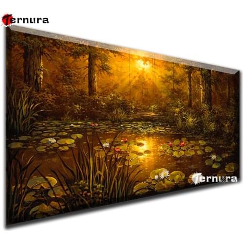 Natural scenery full square diamond painting Jungle tree night for embroidery diamond mosaic Sunset lotus lake decoration large