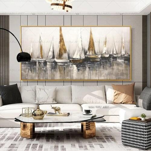 Golden Sailboat Painting Wall Art For Living Room Boat Ship Pictures Canvas Prints Modern Home Decor Oil Painting On Canvas