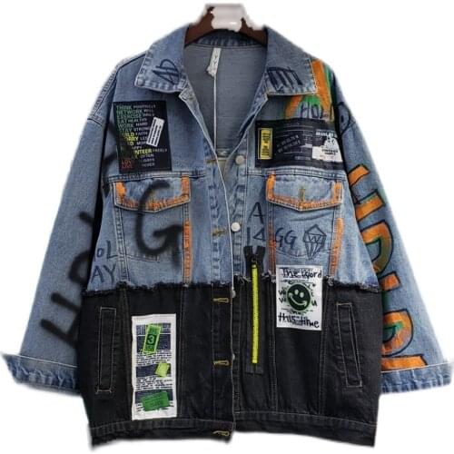 Spring Denim Jacket Women Splicing Patched Color Graffiti Smile Letters Printed Stylish Tops Streetwear Loose Jeans Coat H1242